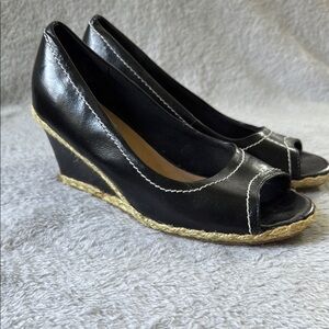 Elegant Black Leather Wedge Espadrilles